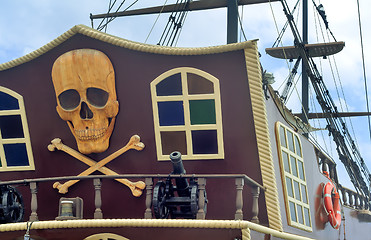 Image showing A fragment of the stern of a pleasure ship with a pirate logo.