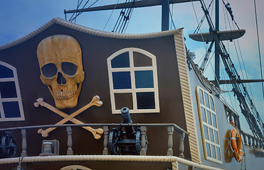 Image showing A fragment of the stern of a pleasure ship with a pirate logo.