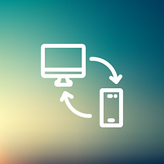 Image showing Data transferring from laptop to smartphone thin line icon