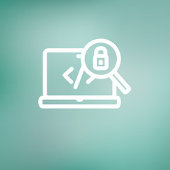 Image showing Laptop and magnifying glass looking for security lock thin line icon