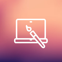 Image showing Laptop and pen an editors tools thin line icon