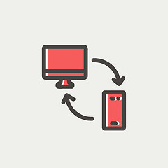 Image showing Data transferring from laptop to smartphone thin line icon