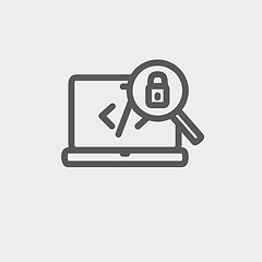 Image showing Laptop and magnifying glass looking for security lock thin line icon