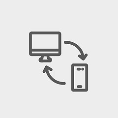 Image showing Data transferring from laptop to smartphone thin line icon