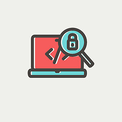 Image showing Laptop and magnifying glass looking for security lock thin line icon