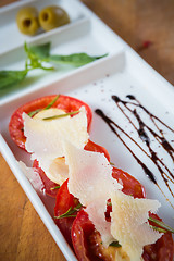 Image showing Fresh tomatoes, basil, garlic and parmesan cheese