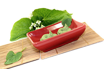 Image showing fresh Wasabi with leaf and blossom