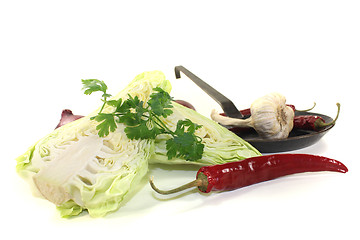 Image showing sweetheart cabbage with parsley in a pan