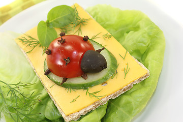 Image showing Crispbread with cheese, basil and ladybug