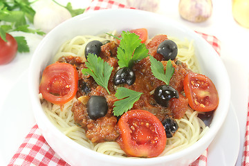 Image showing Spaghetti alla puttanesca with olives