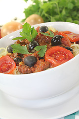 Image showing Spaghetti alla puttanesca with parsley