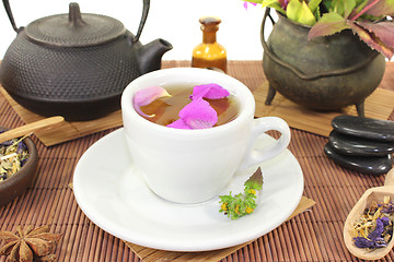 Image showing Chinese natural medicine with a cup of tea and stones