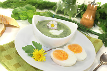 Image showing herbs soup with eggs, a dollop of cream