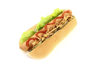 Image showing Hot dog with fried onions and ketchup