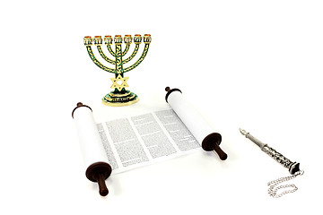 Image showing Torah scroll with menorah and pointer