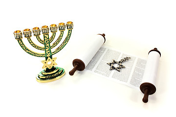 Image showing Torah scroll with menorah and Star of David