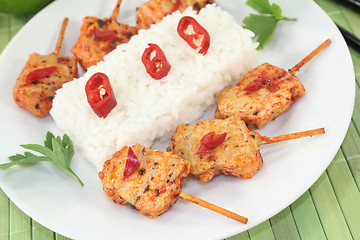 Image showing Asian sate skewers with peanut sauce