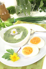 Image showing green herb soup with eggs