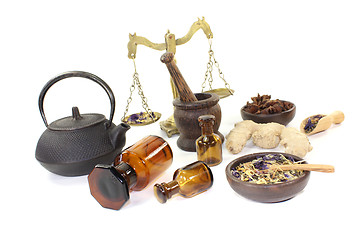 Image showing Chinese medicine with herbs and scale