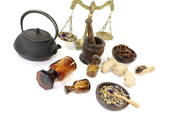 Image showing Chinese medicine with mortar and scale