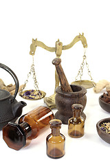 Image showing Chinese medicine with mortar and teapot