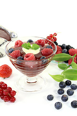 Image showing red fruit jelly with custard and vanilla leaves