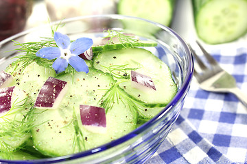 Image showing Cucumber salad with red onions and borage flower