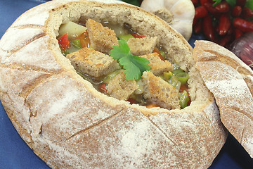 Image showing fresh Bread soup with greens