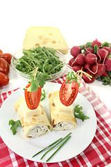 Image showing stuffed cheese crepe rolls with chives