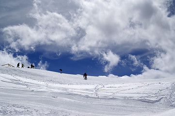 Image showing Ski slope in sun wind day