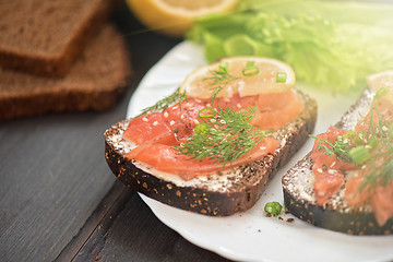 Image showing Sandwich with salmon for breakfast