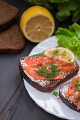 Image showing Sandwich with salmon for breakfast