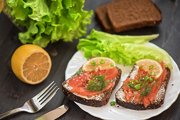 Image showing Sandwich with salmon for breakfast