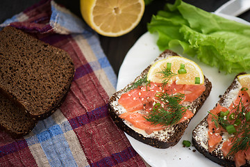 Image showing Sandwich with salmon for breakfast