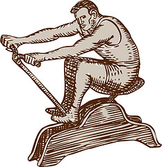 Image showing Athlete Exercising Vintage Rowing Machine Etching