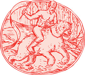 Image showing Russian Soldier Riding Bear Etching