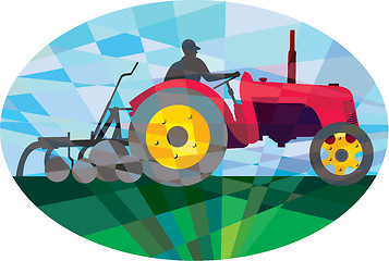 Image showing Farmer Driving Vintage Farm Tractor Oval Low Polygon