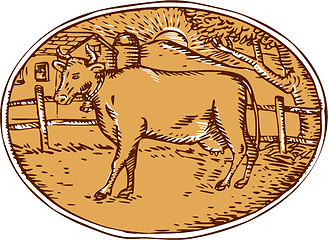 Image showing Cow Ranch Farm House Oval Woodcut