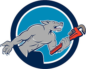 Image showing Wolf Plumber Monkey Wrench Circle Cartoon