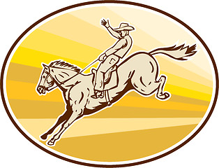 Image showing Rodeo Cowboy Riding Horse Oval Retro