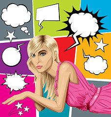 Image showing Blonde in pink lies on a floor and speech bubbles