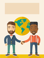 Image showing American and black guy happily handshaking.