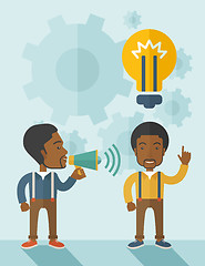 Image showing Black guys with megaphone and bulb on top of head.