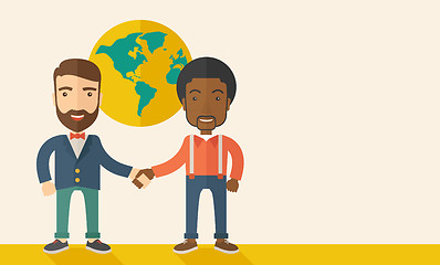 Image showing American and black guy happily handshaking.