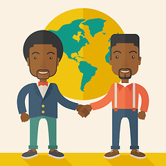 Image showing Two black guys happily handshaking.