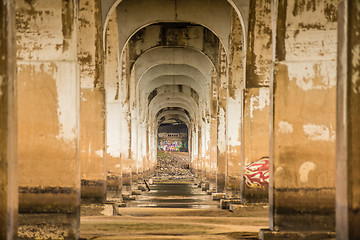 Image showing standing under old bridge over the river