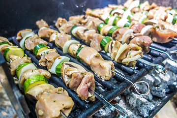 Image showing shish kebab on skewers on a grill on a holiday