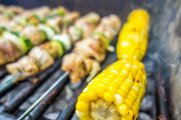 Image showing steak shishkabob skewers with vegitables cooking on flaming gril