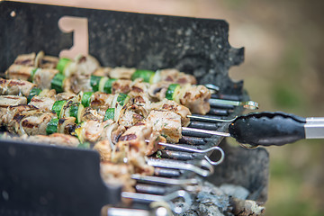 Image showing steak shishkabob skewers with vegitables cooking on flaming gril