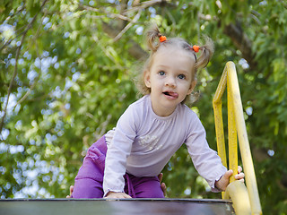 Image showing The little girl crawling up a hill 